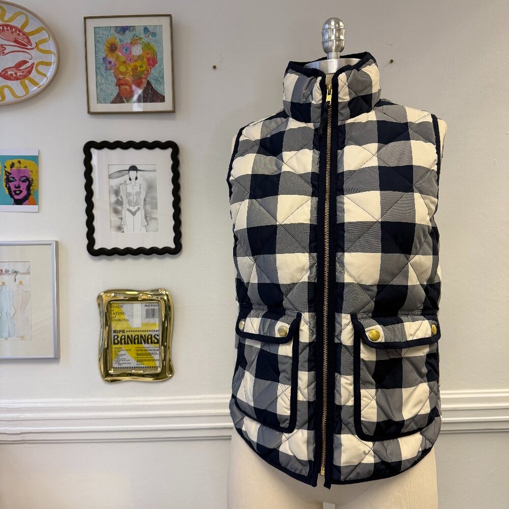 J Crew Down Puffer Quilted Gingham Plaid Cottagecore Equestrian Preppy Vest XS